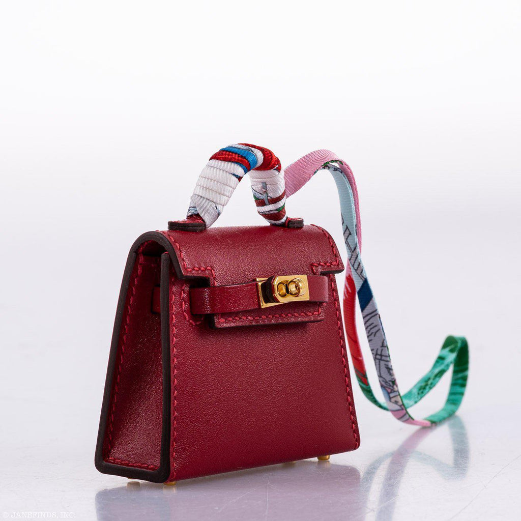 Hermes Micro Kelly Twilly Charm Rouge Vif Tadelakt Leather Gold Hardware