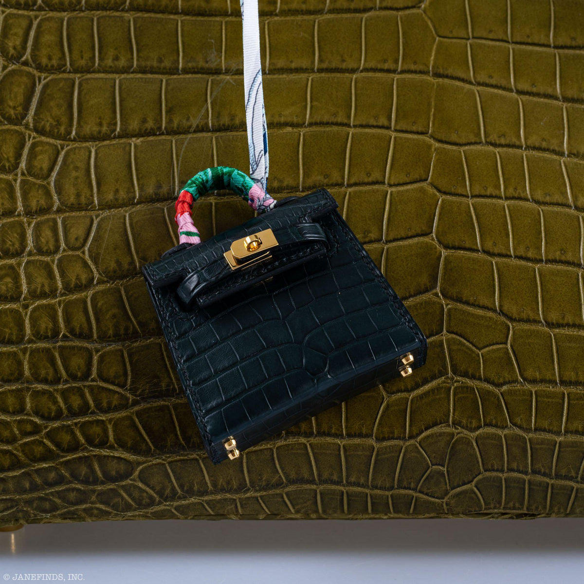 Hermes Micro Kelly Twilly Charm Vert Cyprès Matte Croc Gold Hardware