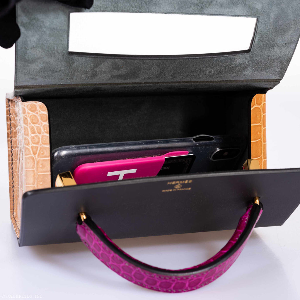 Hermes Minaudière 18 petit h Graphite, Fuchsia, Poussiere Porosus Crocodile & Calf Gold Hardware