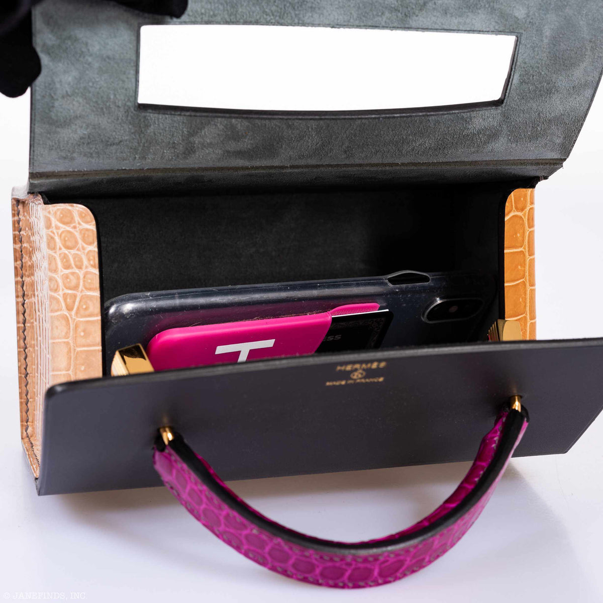 Hermes Minaudière 18 petit h Graphite, Fuchsia, Poussiere Porosus Crocodile & Calf Gold Hardware