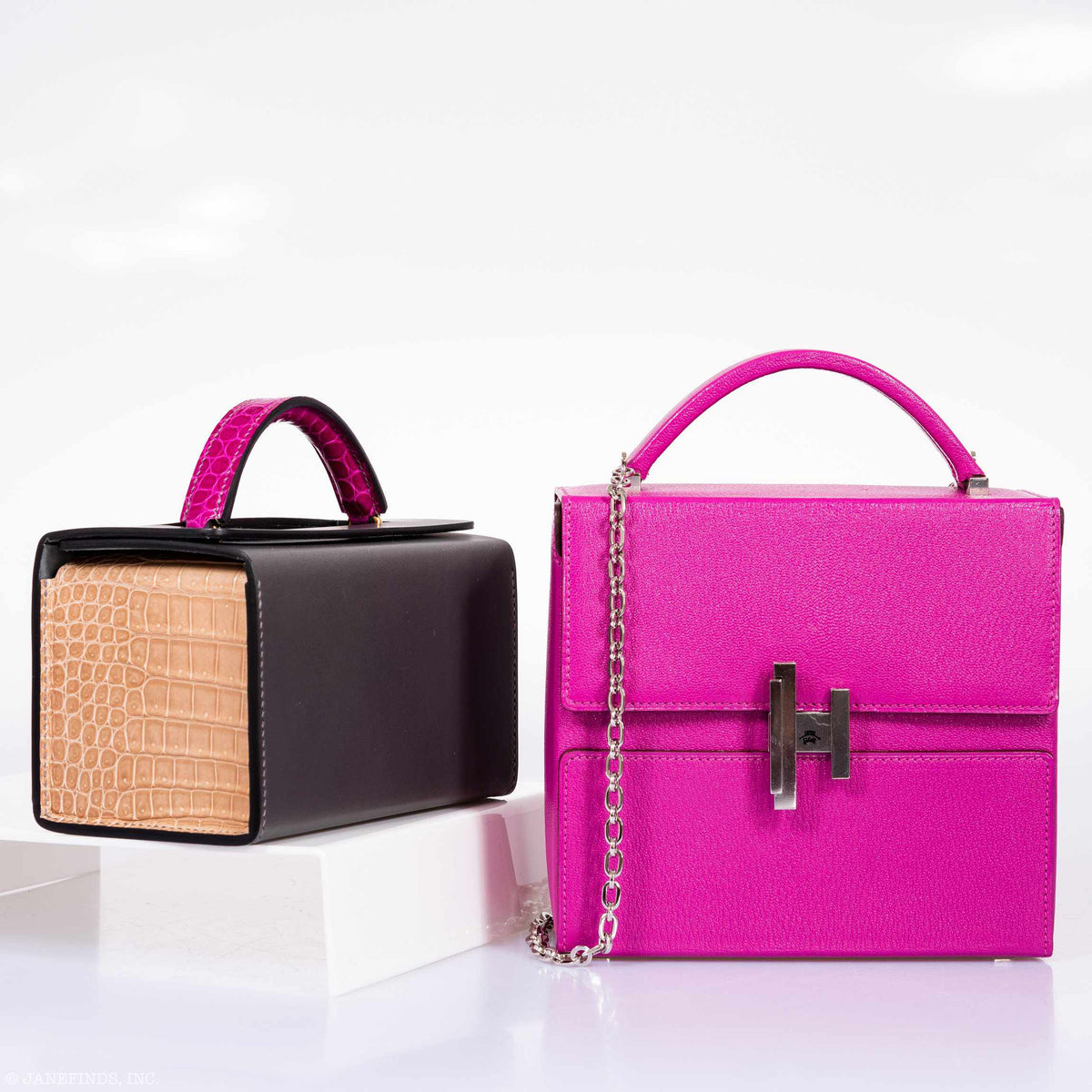 Hermes Minaudière 18 petit h Graphite, Fuchsia, Poussiere Porosus Crocodile & Calf Gold Hardware