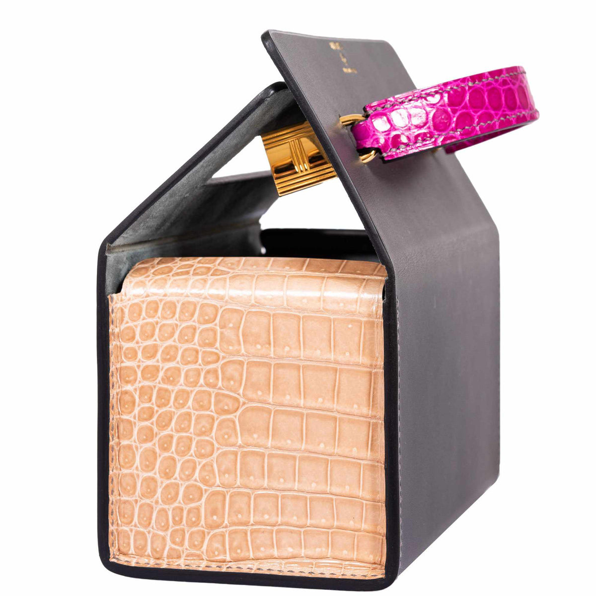 Hermes Minaudière 18 petit h Graphite, Fuchsia, Poussiere Porosus Crocodile & Calf Gold Hardware