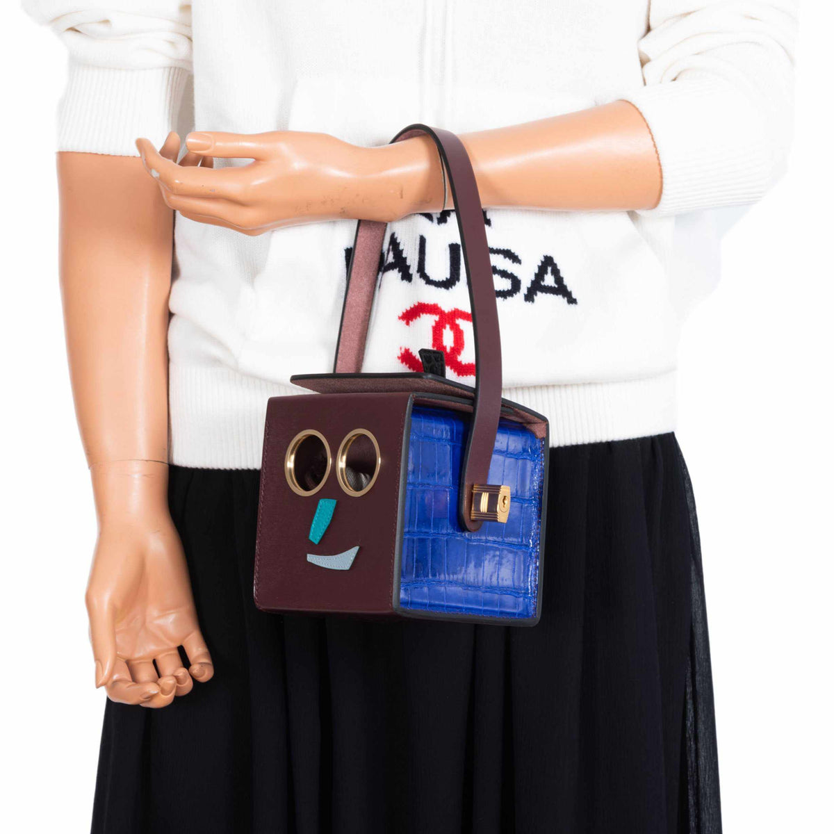 Hermes Minaudière Robot petit h Bag Blue Electric & Black Porosus Crocodile Golden Brass Hardware