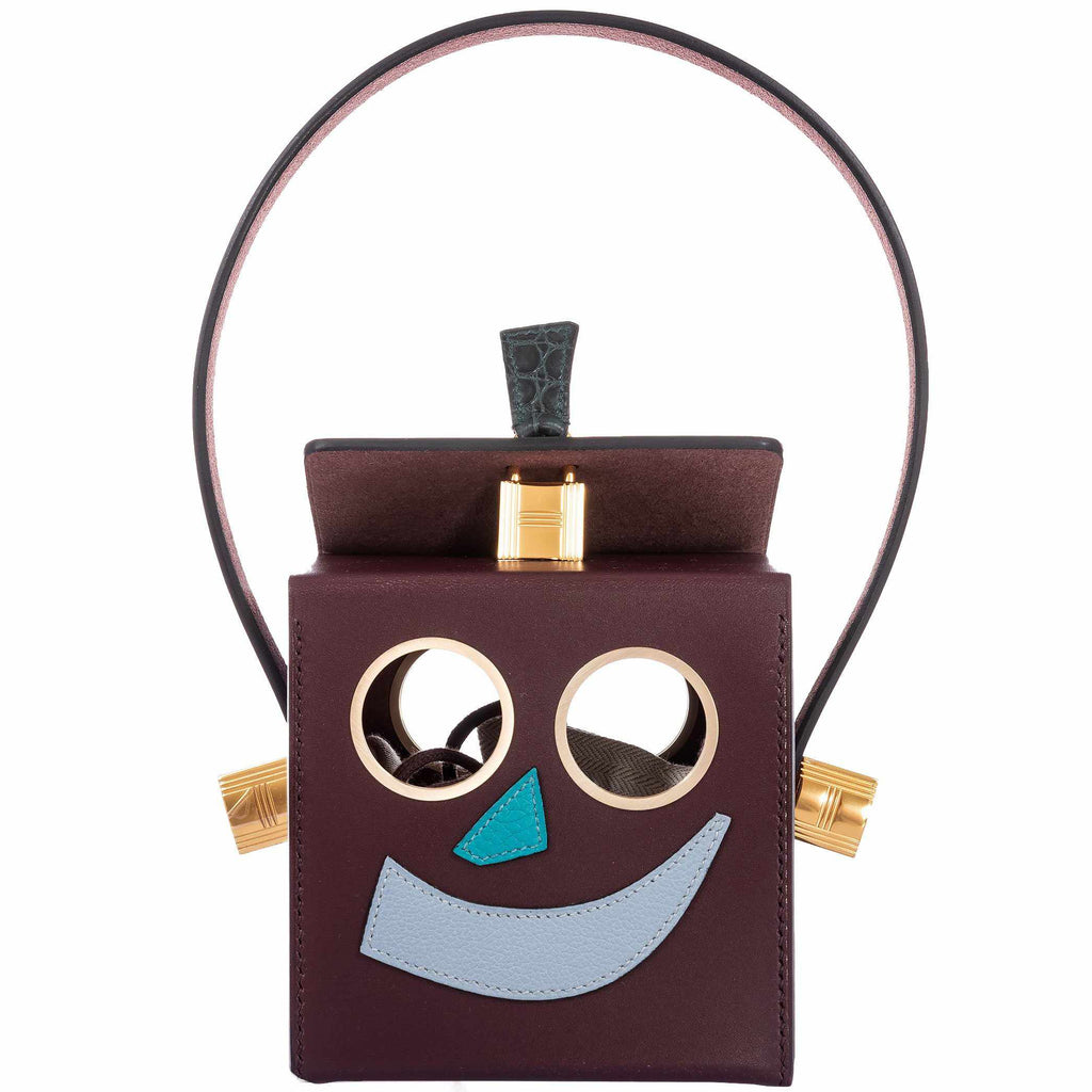 Hermes Minaudière Robot petit h Bag Blue Electric & Black Porosus Crocodile Golden Brass Hardware