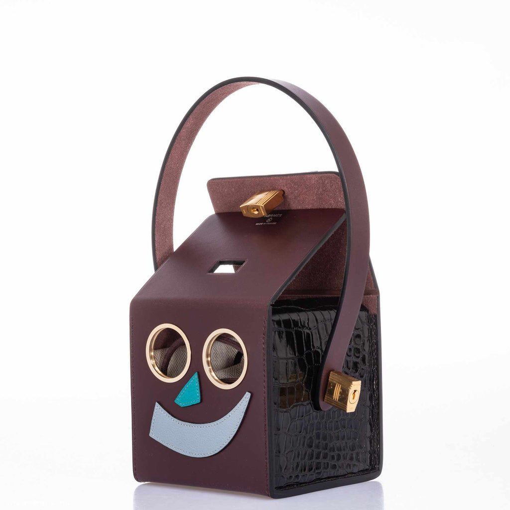 Hermes Minaudière Robot petit h Bag Blue Electric & Black Porosus Crocodile Golden Brass Hardware
