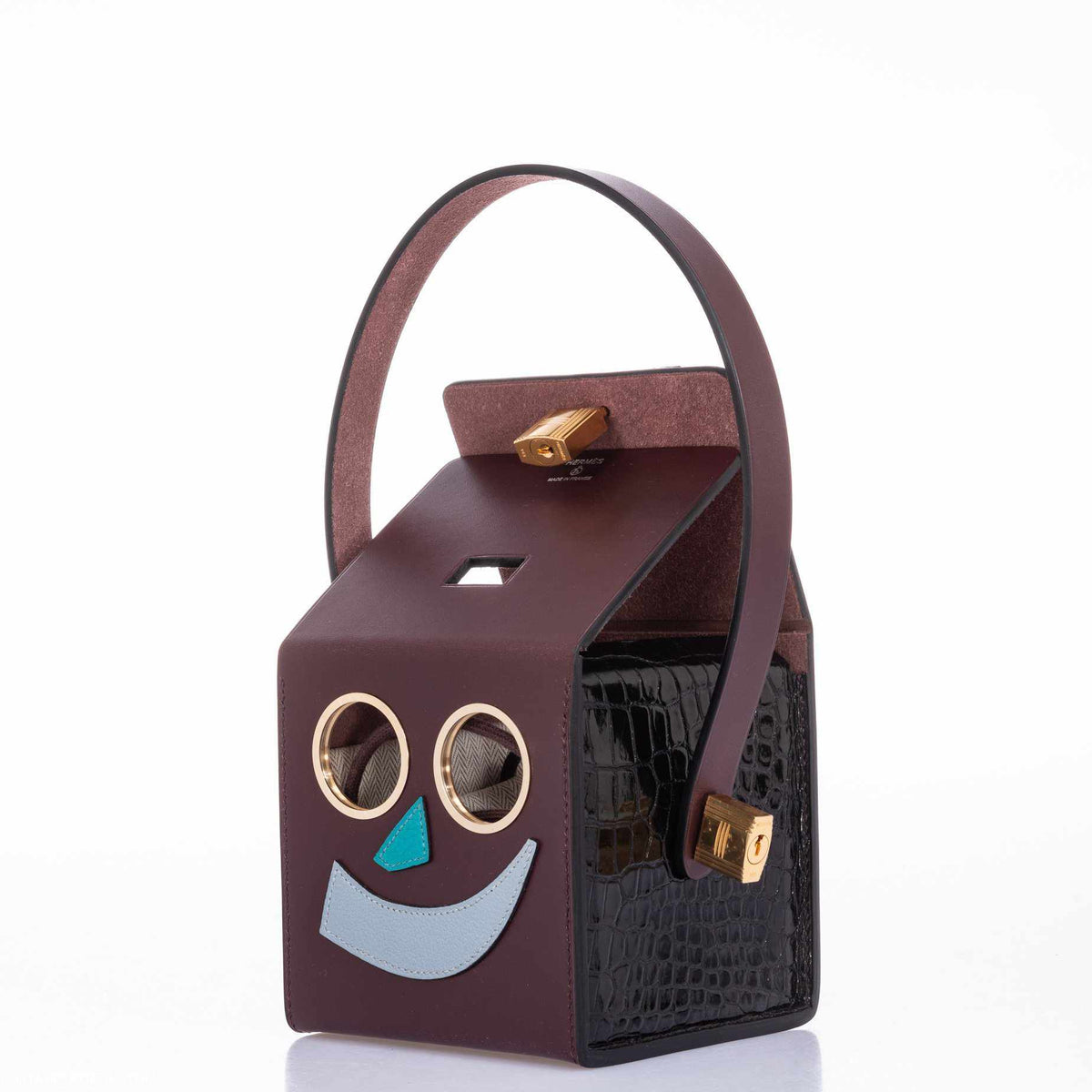 Hermes Minaudière Robot petit h Bag Blue Electric & Black Porosus Crocodile Golden Brass Hardware