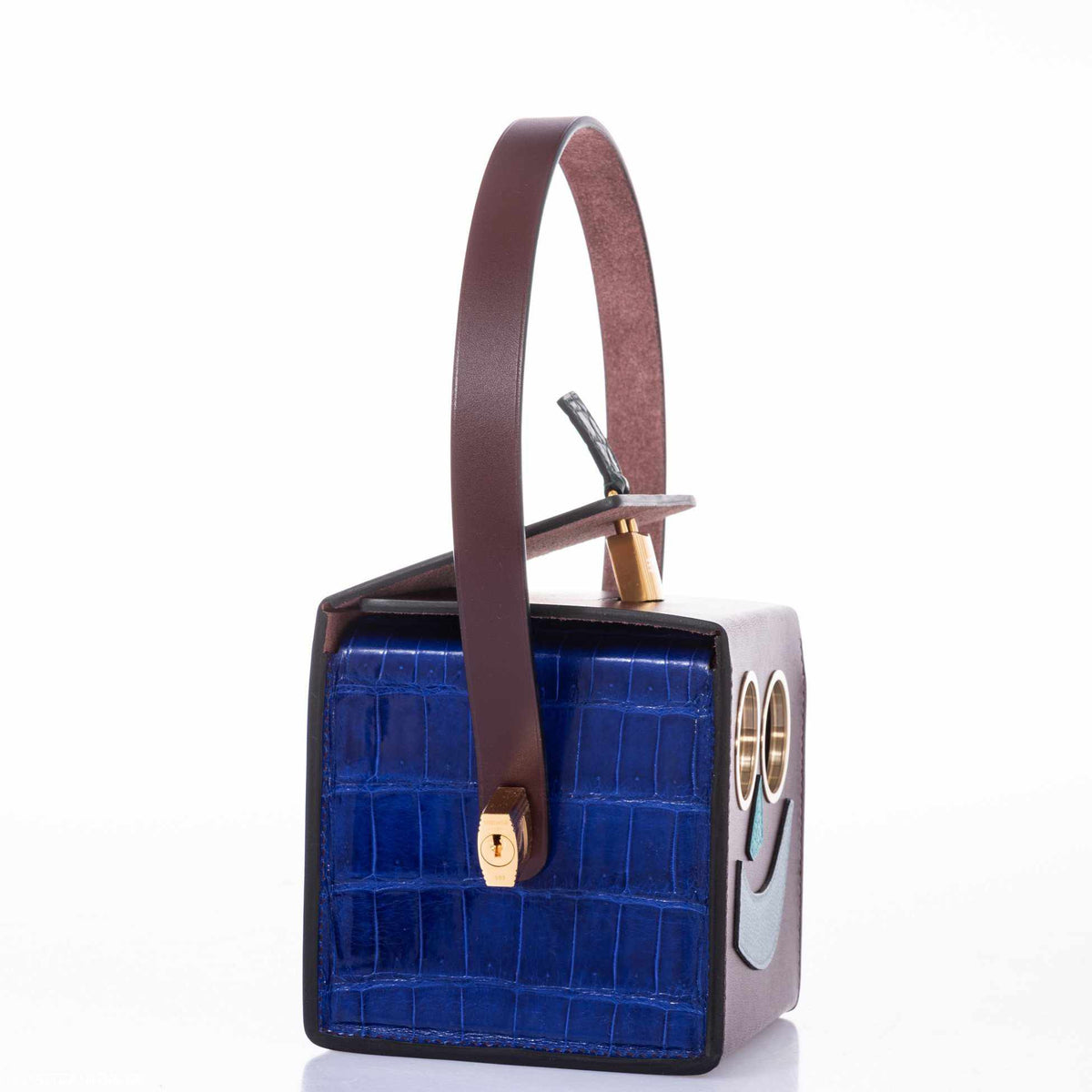 Hermes Minaudière Robot petit h Bag Blue Electric & Black Porosus Crocodile Golden Brass Hardware