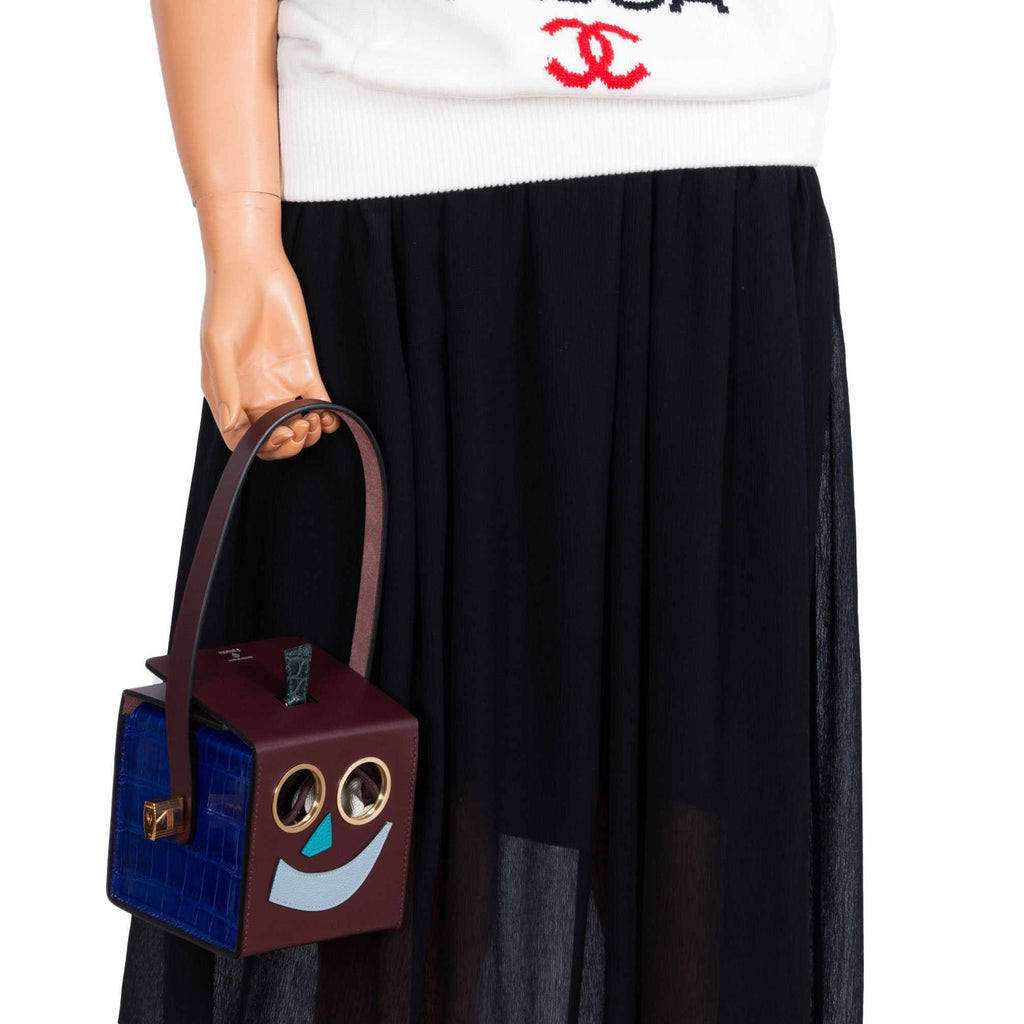 Hermes Minaudière Robot petit h Bag Blue Electric & Black Porosus Crocodile Golden Brass Hardware