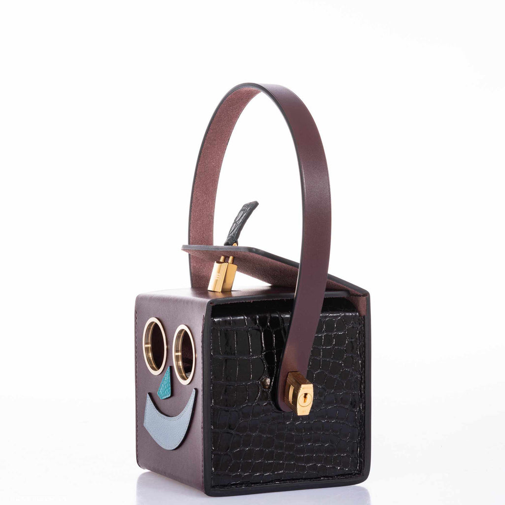 Hermes Minaudière Robot petit h Bag Blue Electric & Black Porosus Crocodile Golden Brass Hardware