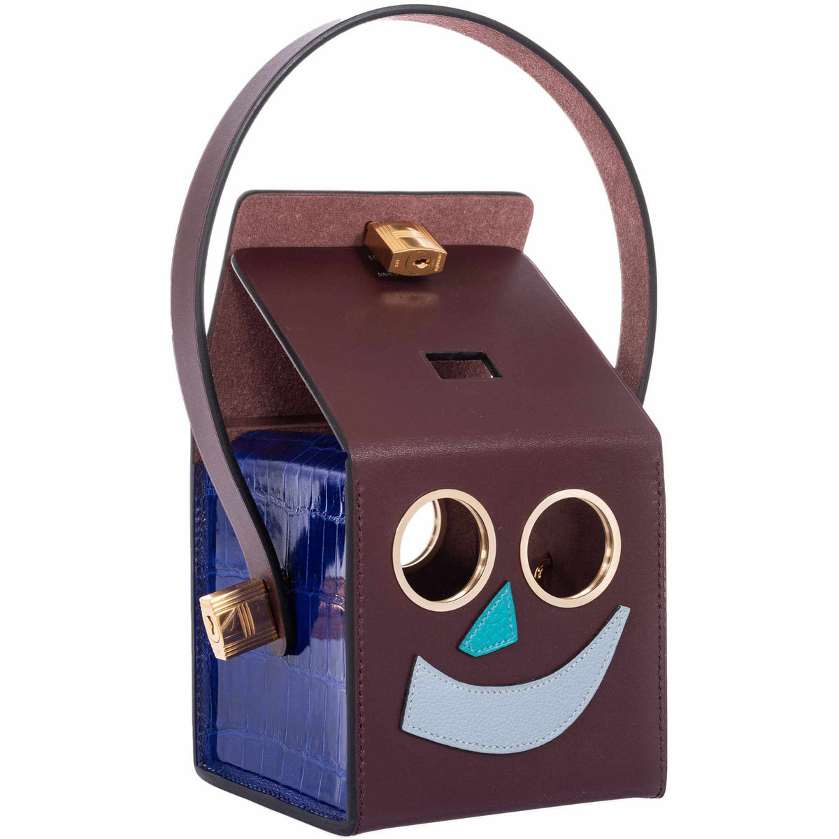 Hermes Minaudière Robot petit h Bag Blue Electric & Black Porosus Crocodile Golden Brass Hardware