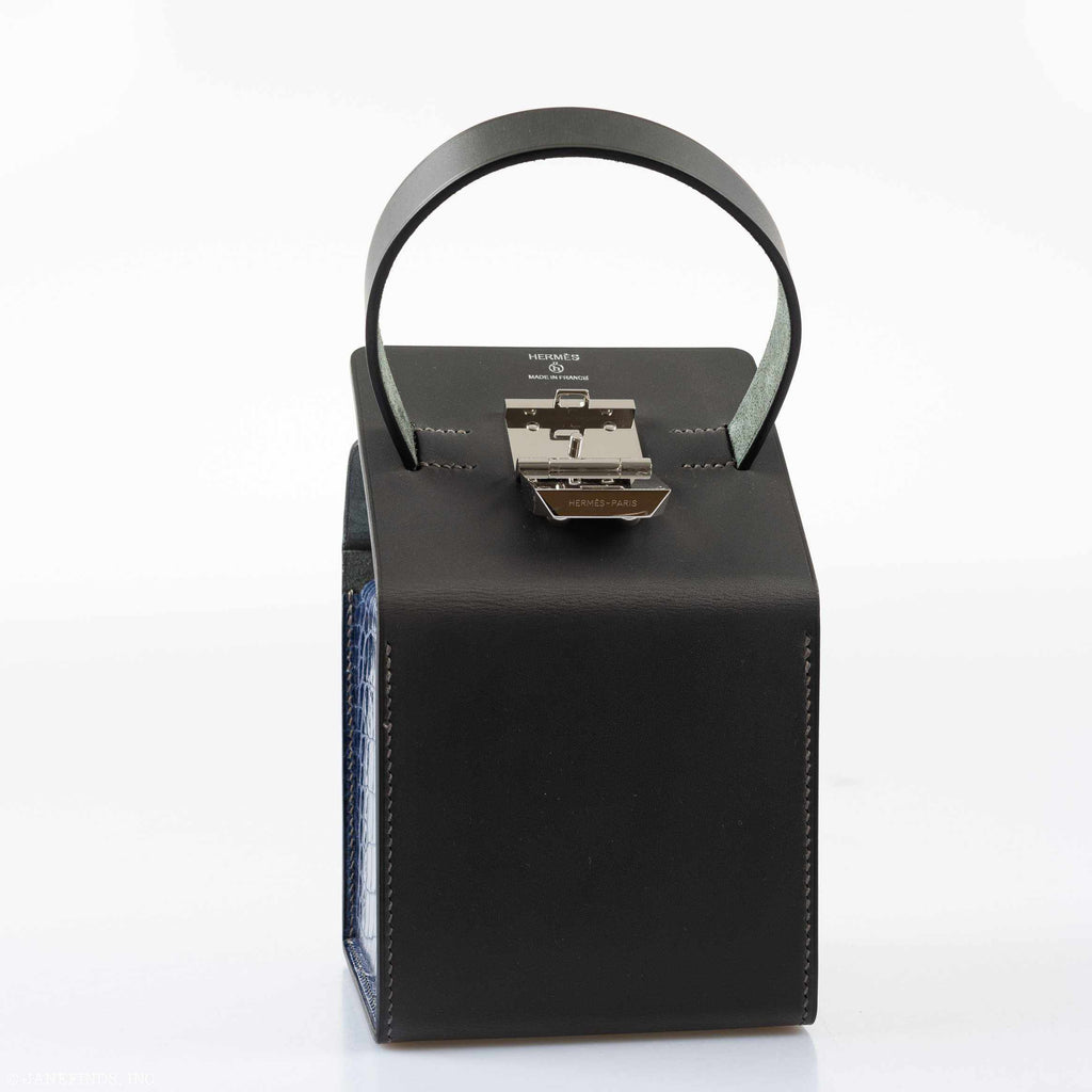 Hermes Minaudière petit h Box Bag, Gray, Saphir, Ambre Porosus Crocodile Silver Hardware