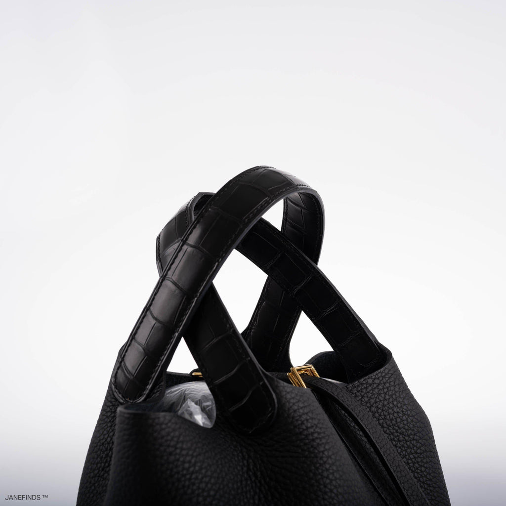 Hermes Picotin Lock Touch 18 PM Black Taurillon Clemence & Matte Alligator Gold Hardware