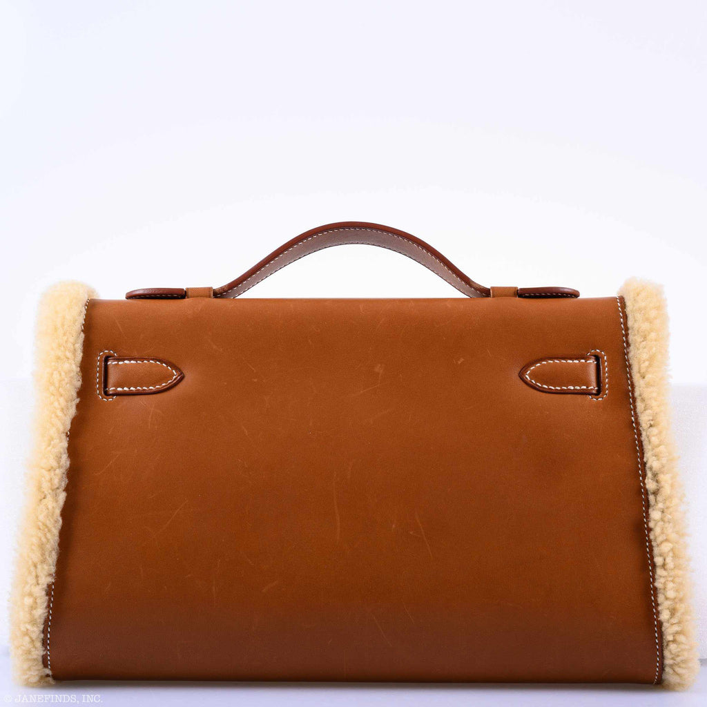 Hermes Teddy Kelly Clutch Barenia Leather & Mouton Shearling Palladium Hardware
