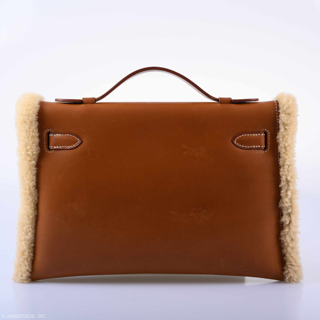 Hermes Teddy Kelly Clutch Barenia Leather & Mouton Shearling Palladium Hardware