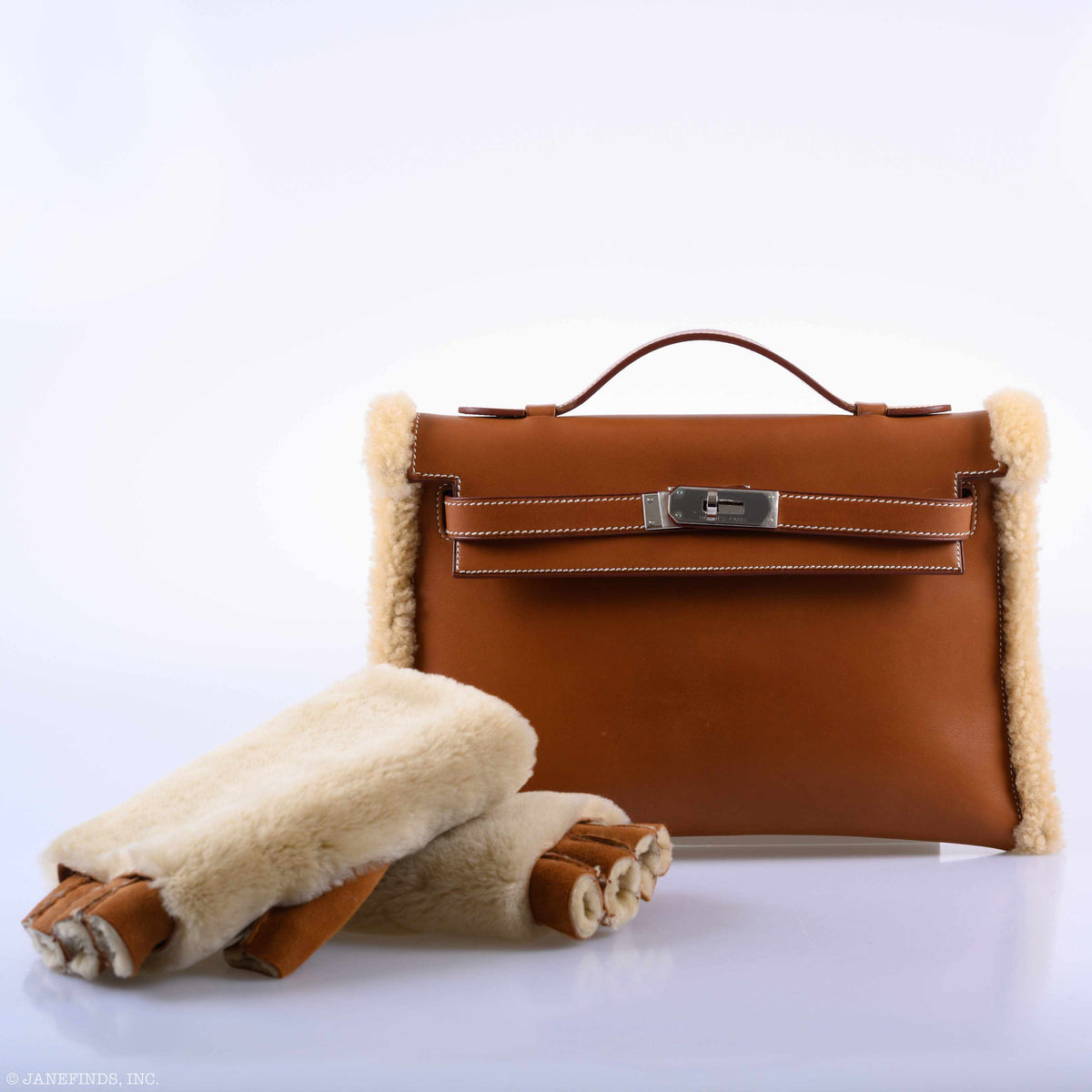 Hermes Teddy Kelly Clutch Barenia Leather & Mouton Shearling Palladium Hardware