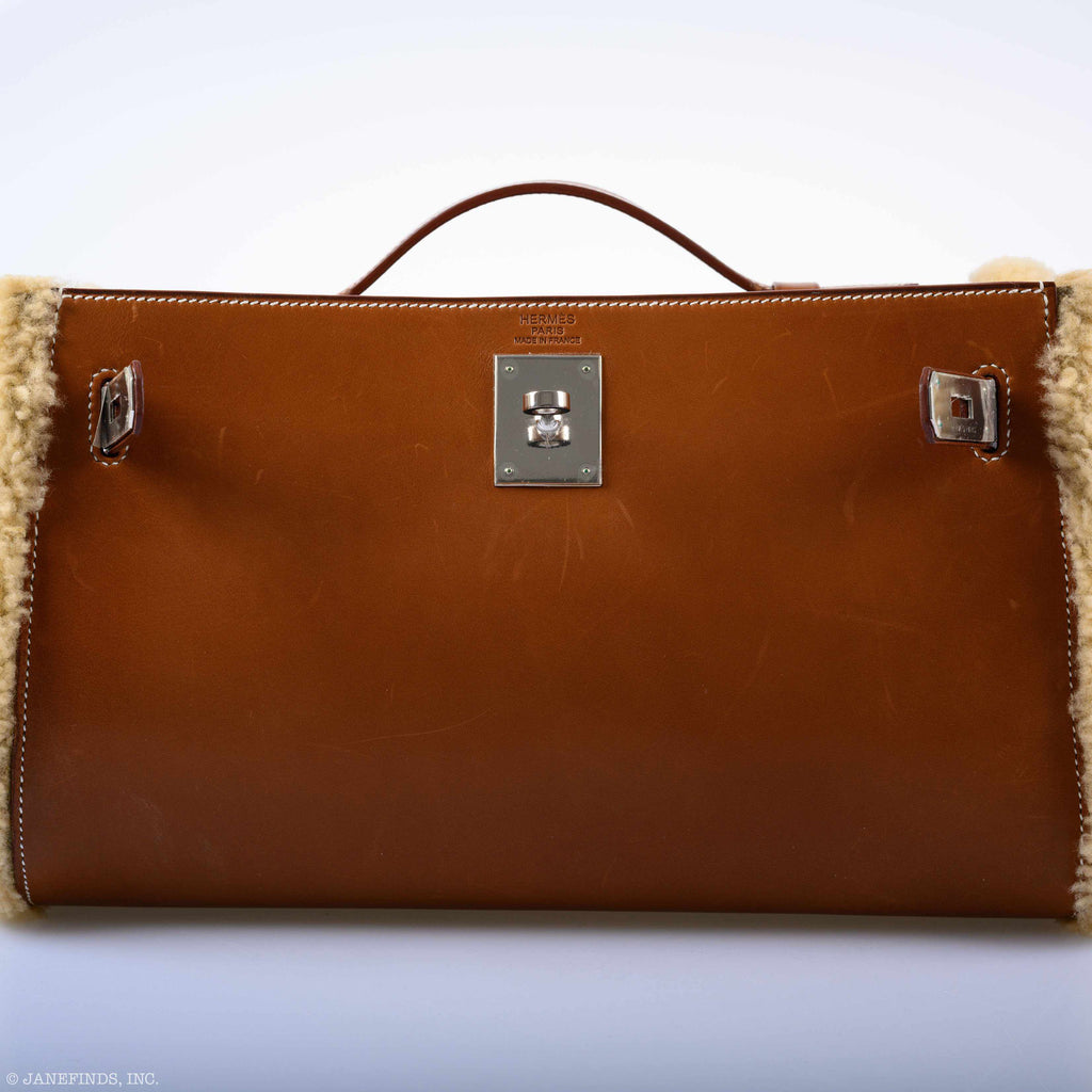 Hermes Teddy Kelly Clutch Barenia Leather & Mouton Shearling Palladium Hardware