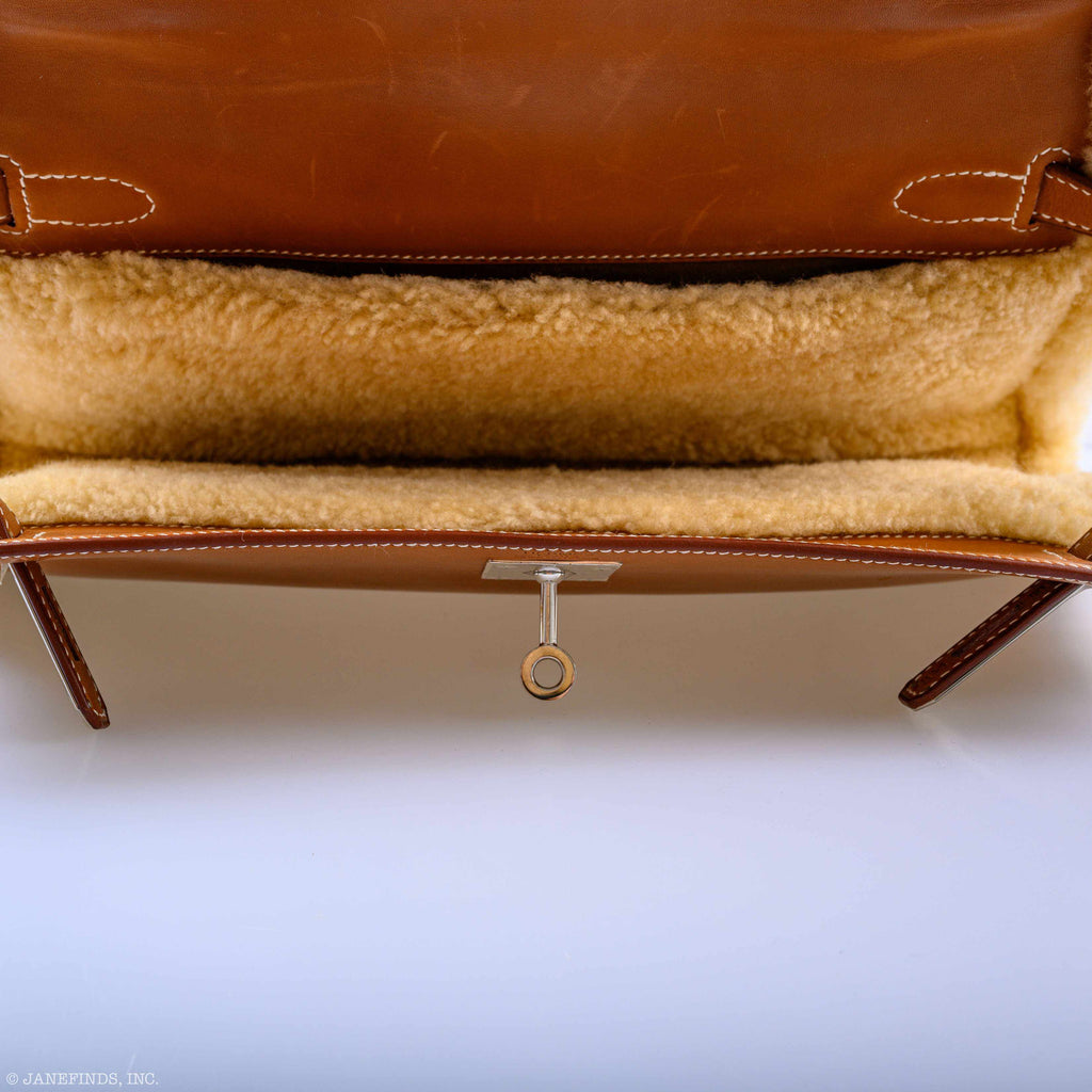 Hermes Teddy Kelly Clutch Barenia Leather & Mouton Shearling Palladium Hardware