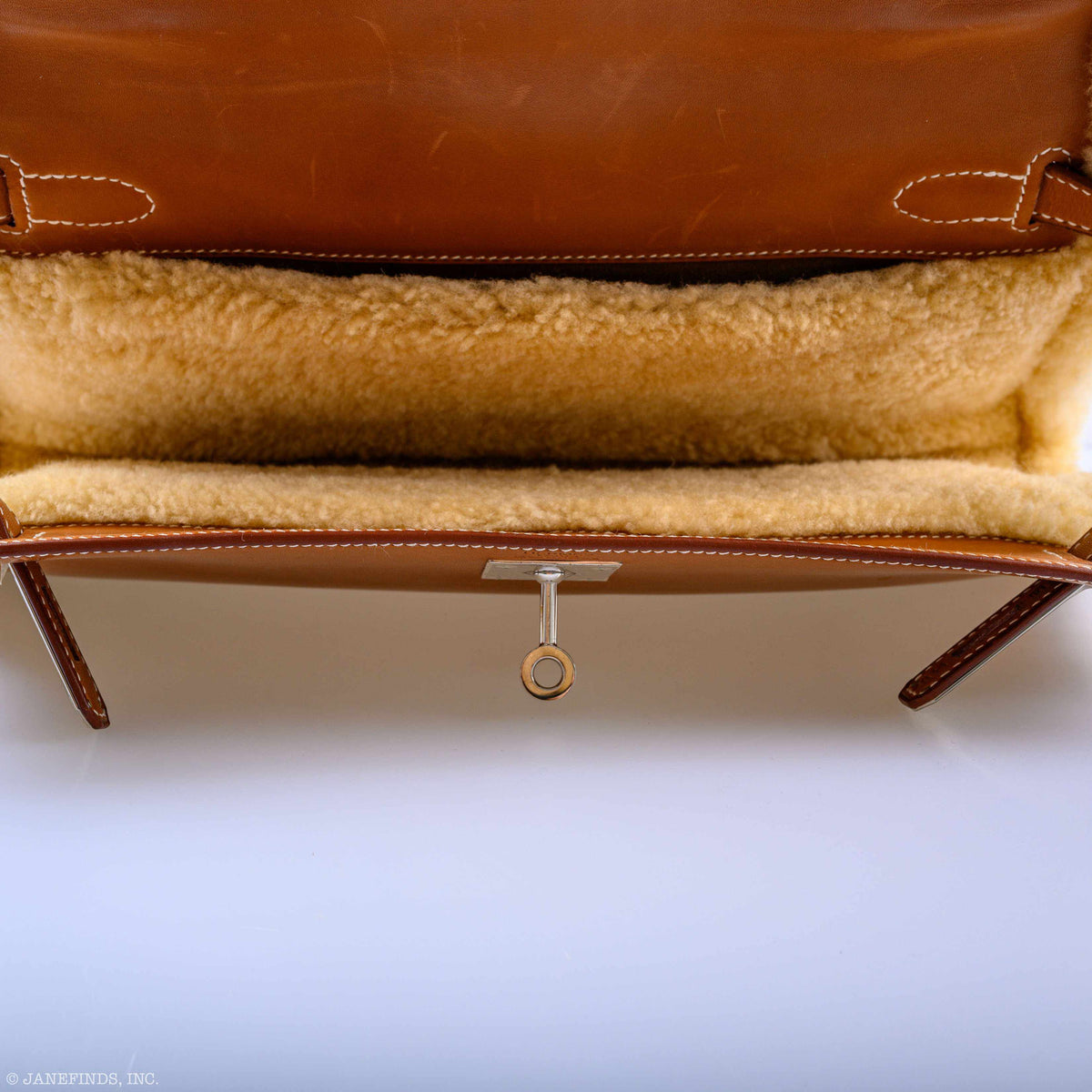 Hermes Teddy Kelly Clutch Barenia Leather & Mouton Shearling Palladium Hardware