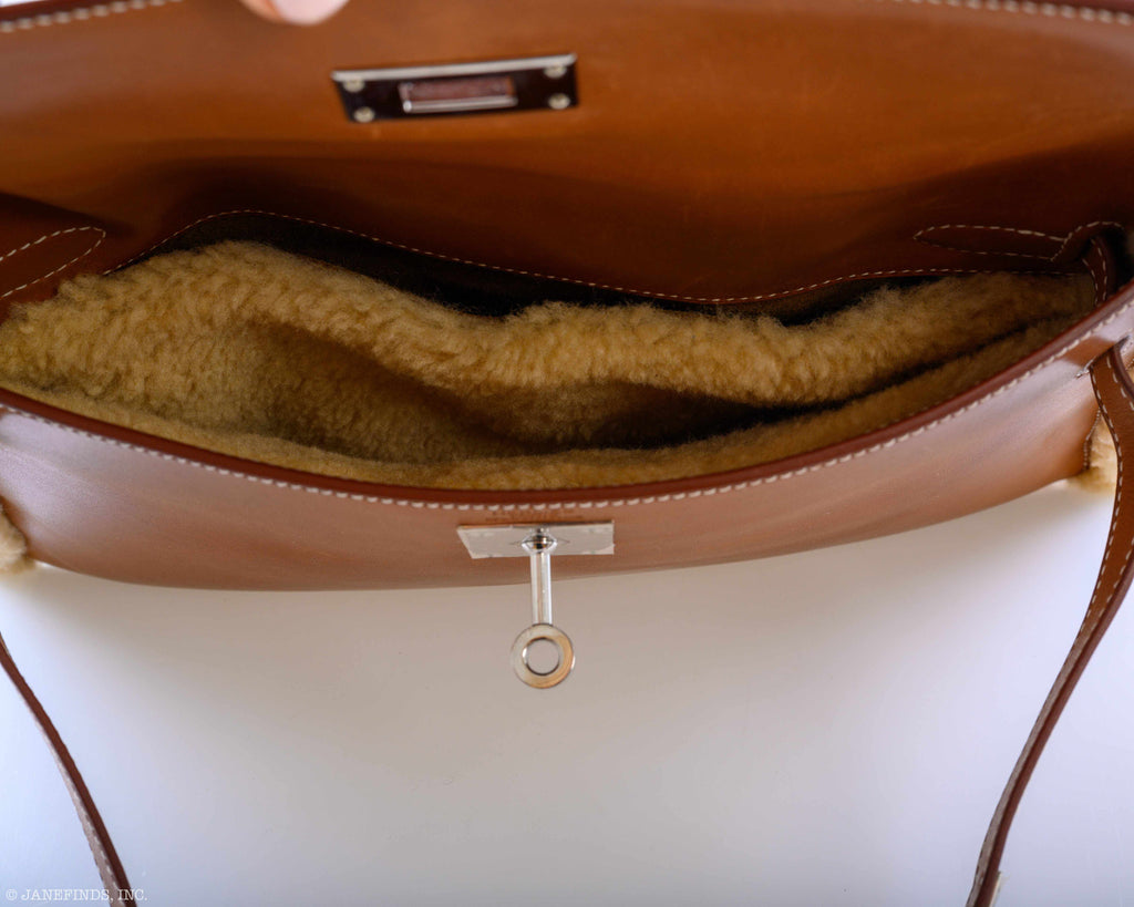 Hermes Teddy Kelly Clutch Barenia Leather & Mouton Shearling Palladium Hardware