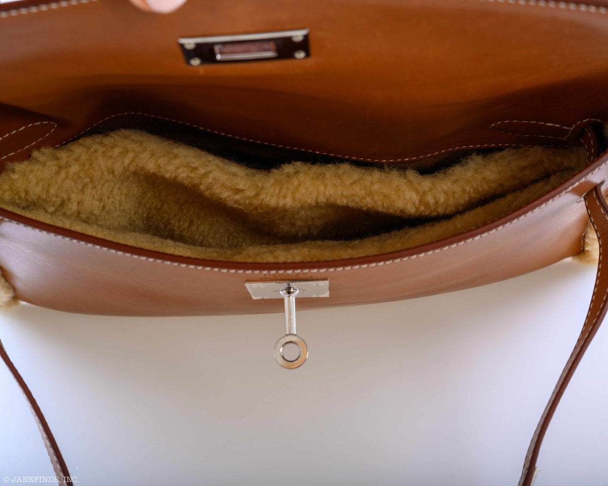 Hermes Teddy Kelly Clutch Barenia Leather & Mouton Shearling Palladium Hardware