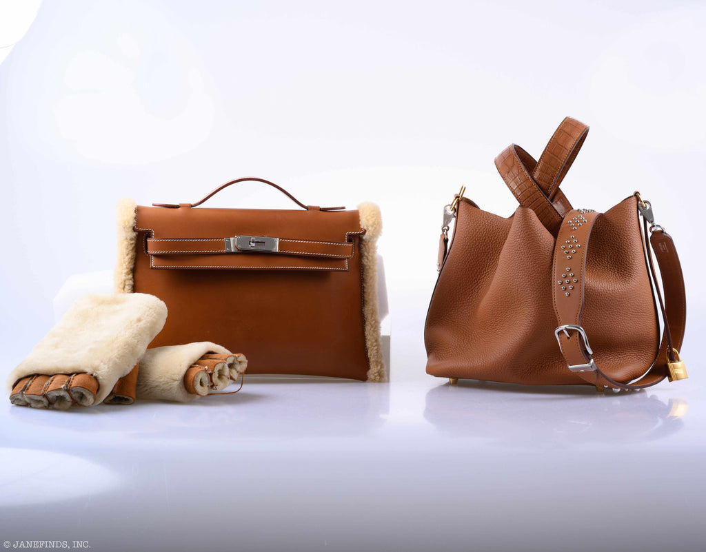 Hermes Teddy Kelly Clutch Barenia Leather & Mouton Shearling Palladium Hardware