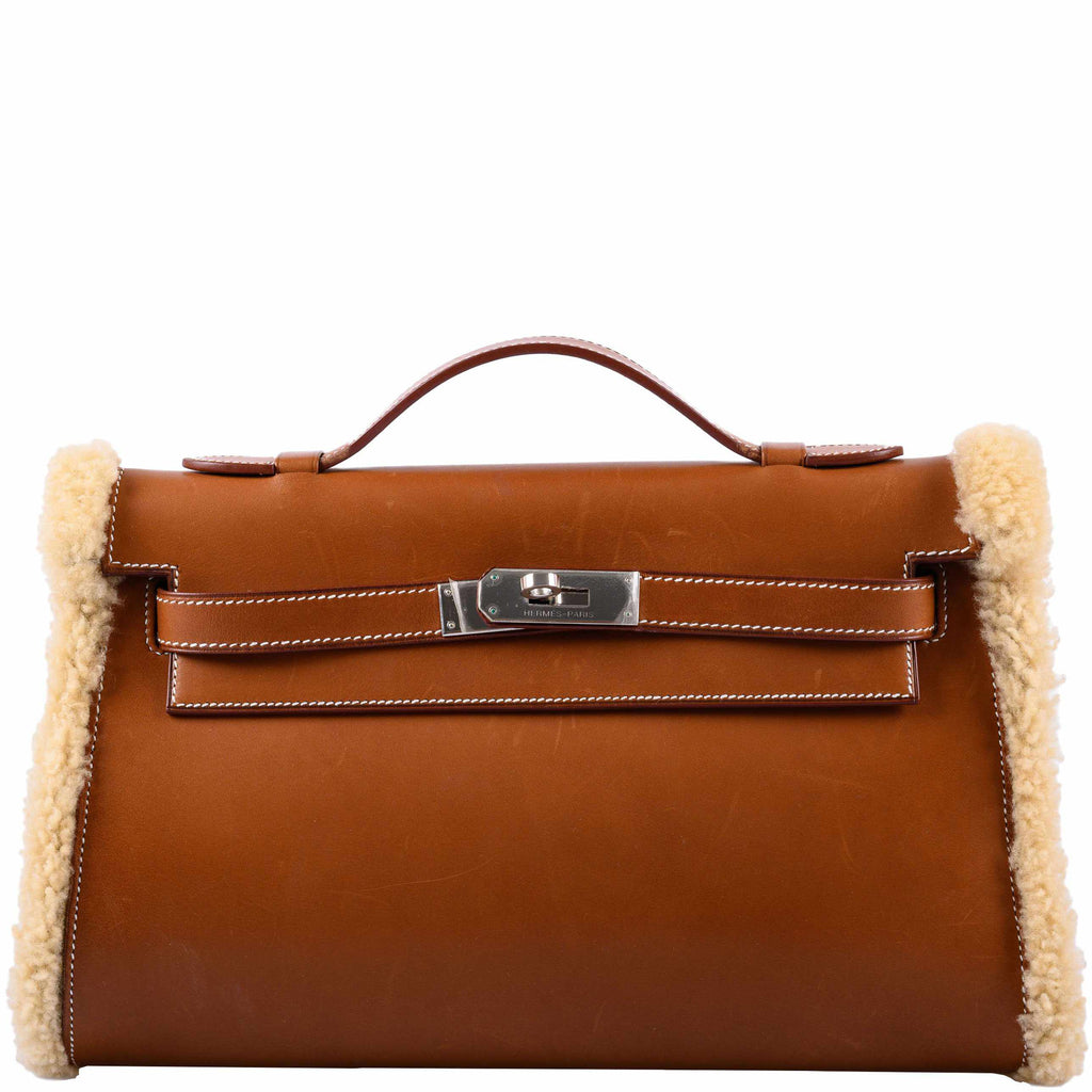 Hermes Teddy Kelly Clutch Barenia Leather & Mouton Shearling Palladium Hardware