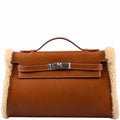 Hermes Teddy Kelly Clutch Barenia Leather & Mouton Shearling Palladium Hardware