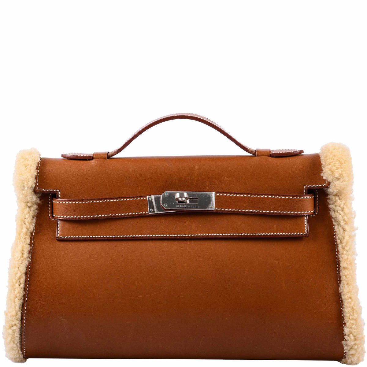 Hermes Teddy Kelly Clutch Barenia Leather & Mouton Shearling Palladium Hardware