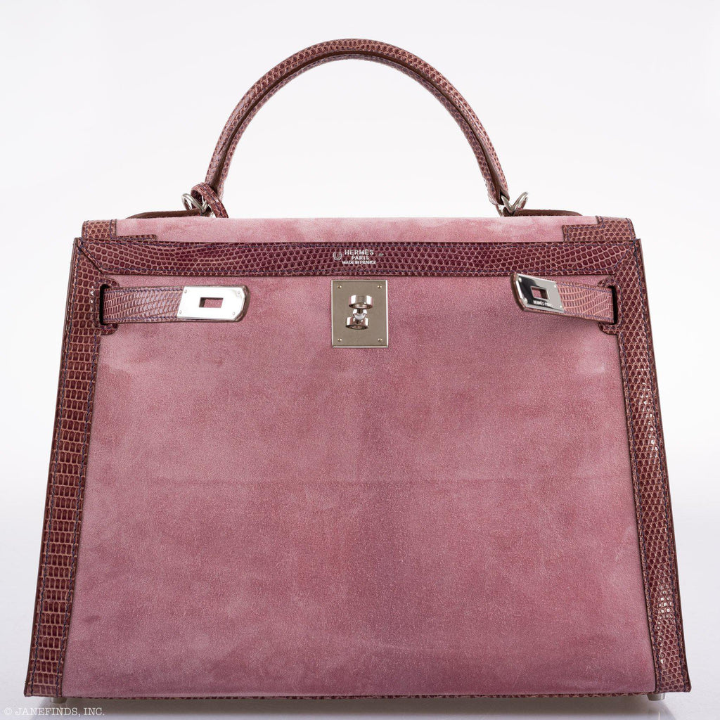 Hermes Unique HSS Kelly 32 Sellier Rose Indienne Doblis Suede & Mauve Lizard with Palladium Hardware