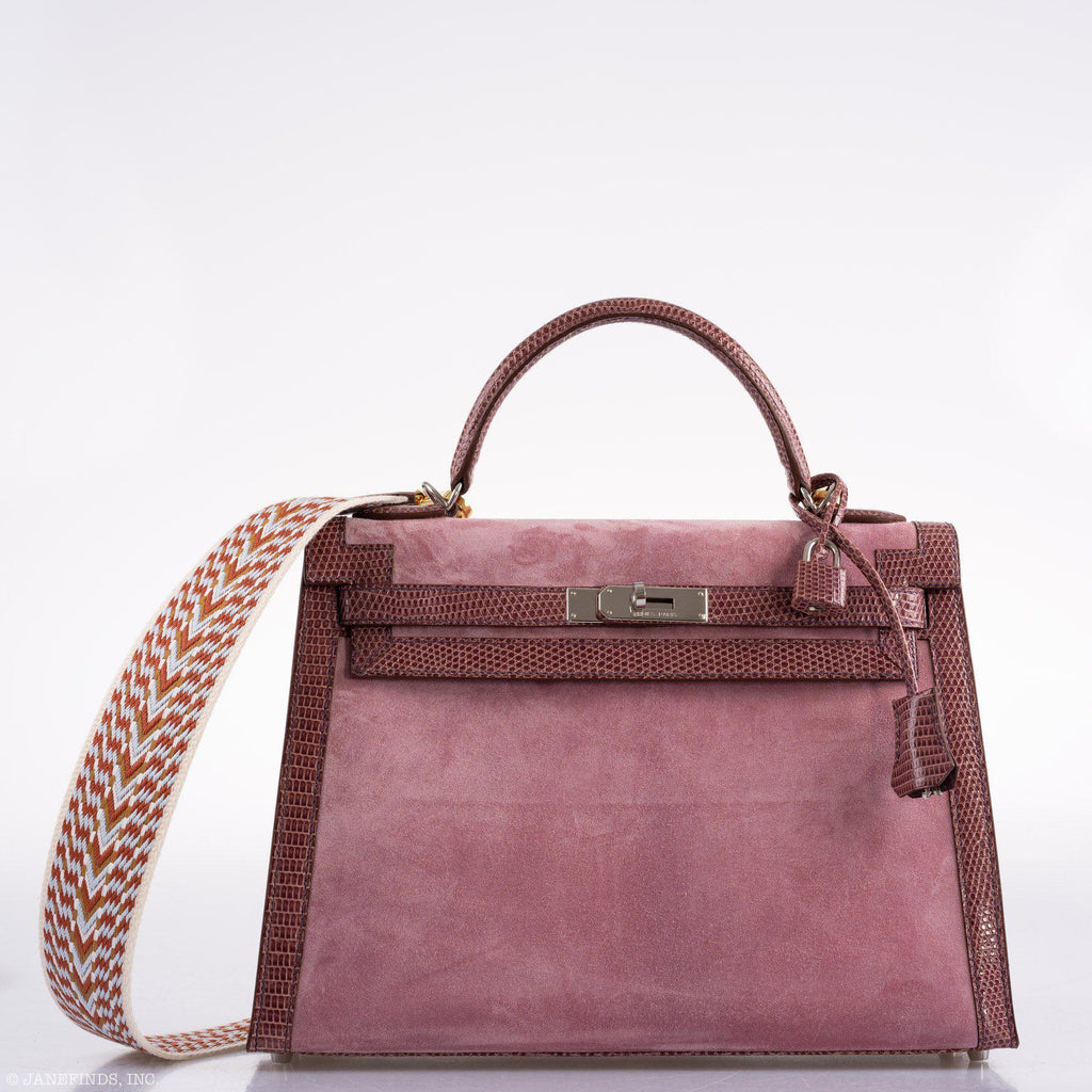Hermes Unique HSS Kelly 32 Sellier Rose Indienne Doblis Suede & Mauve Lizard with Palladium Hardware