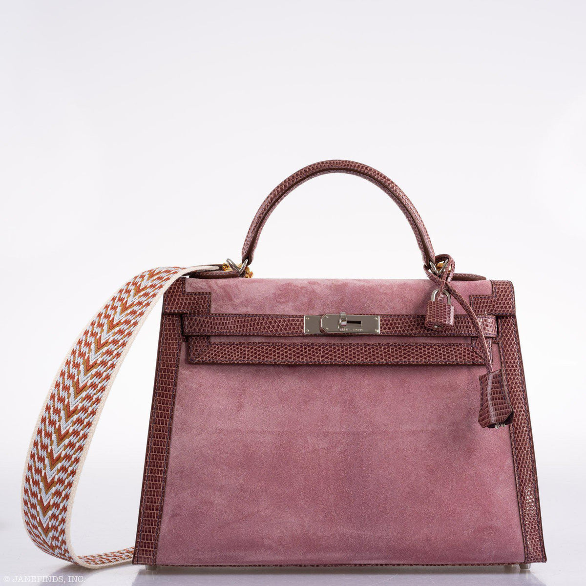 Hermes Unique HSS Kelly 32 Sellier Rose Indienne Doblis Suede & Mauve Lizard with Palladium Hardware