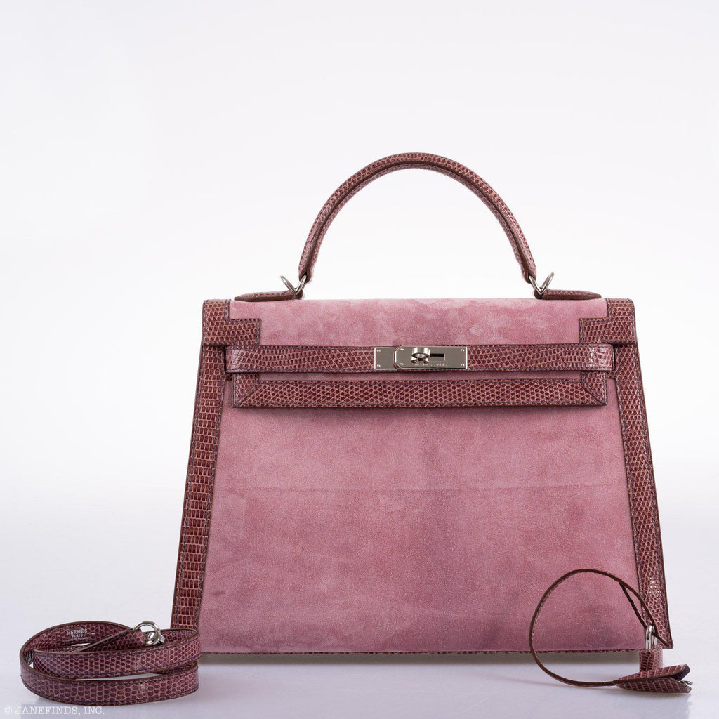 Hermes Unique HSS Kelly 32 Sellier Rose Indienne Doblis Suede & Mauve Lizard with Palladium Hardware