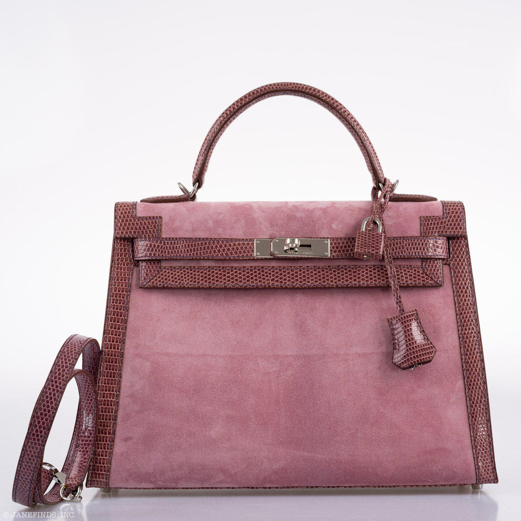 Hermes Unique HSS Kelly 32 Sellier Rose Indienne Doblis Suede & Mauve Lizard with Palladium Hardware