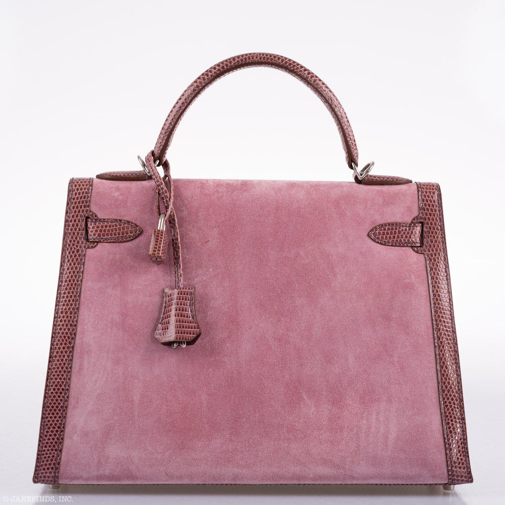 Hermes Unique HSS Kelly 32 Sellier Rose Indienne Doblis Suede & Mauve Lizard with Palladium Hardware