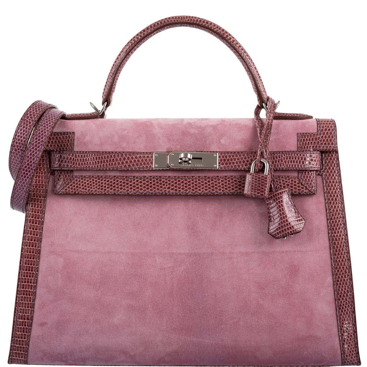 Hermes Unique HSS Kelly 32 Sellier Rose Indienne Doblis Suede & Mauve Lizard with Palladium Hardware