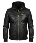 Black Hooded Leather Bomber Jacket