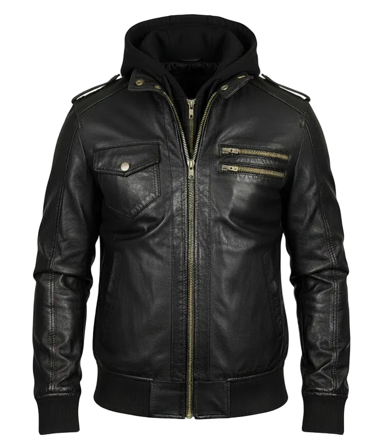 Black Hooded Leather Bomber Jacket