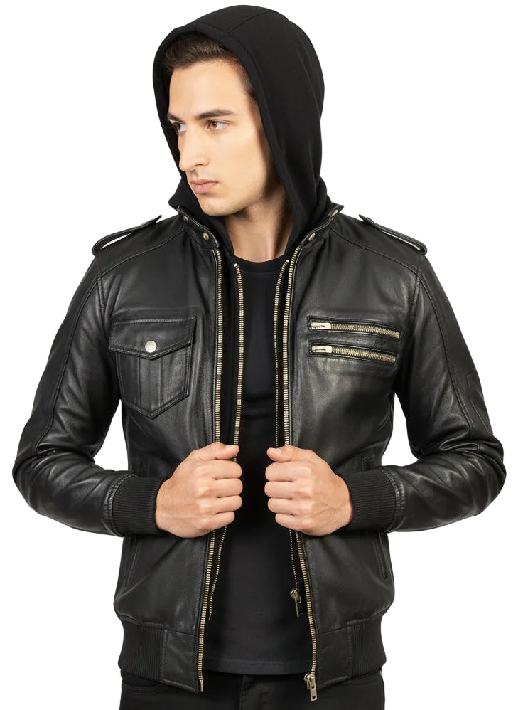Black Hooded Leather Bomber Jacket
