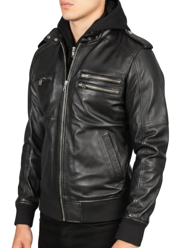 Black Hooded Leather Bomber Jacket