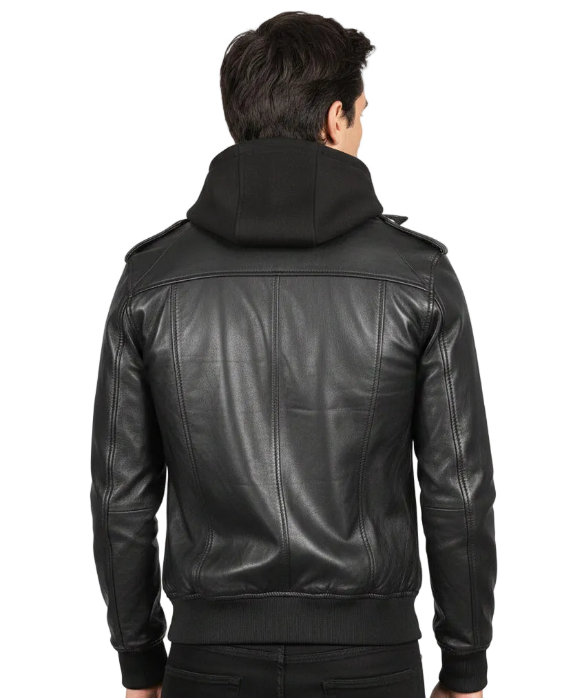 Black Hooded Leather Bomber Jacket