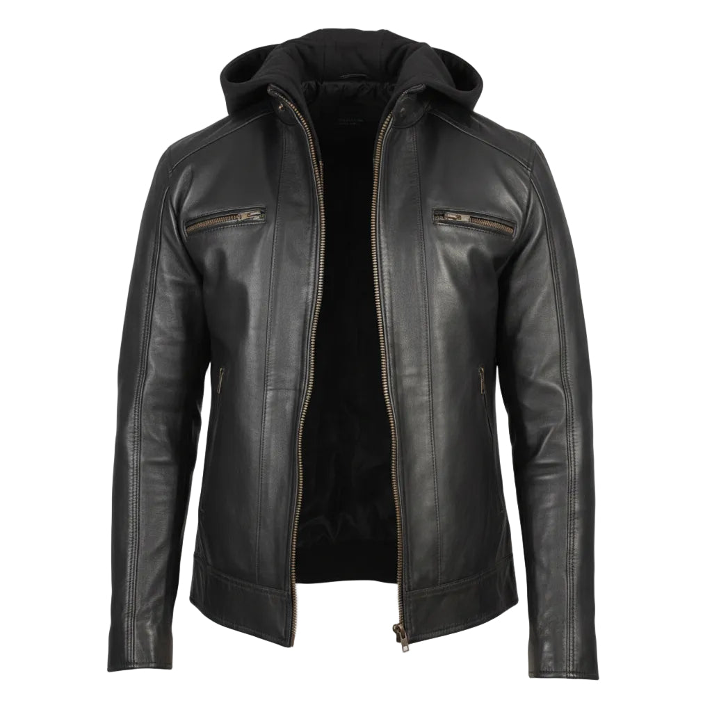 Urban Black Hooded Leather Biker Jacket