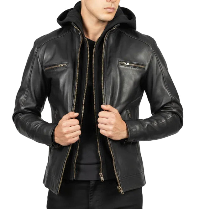 Urban Black Hooded Leather Biker Jacket