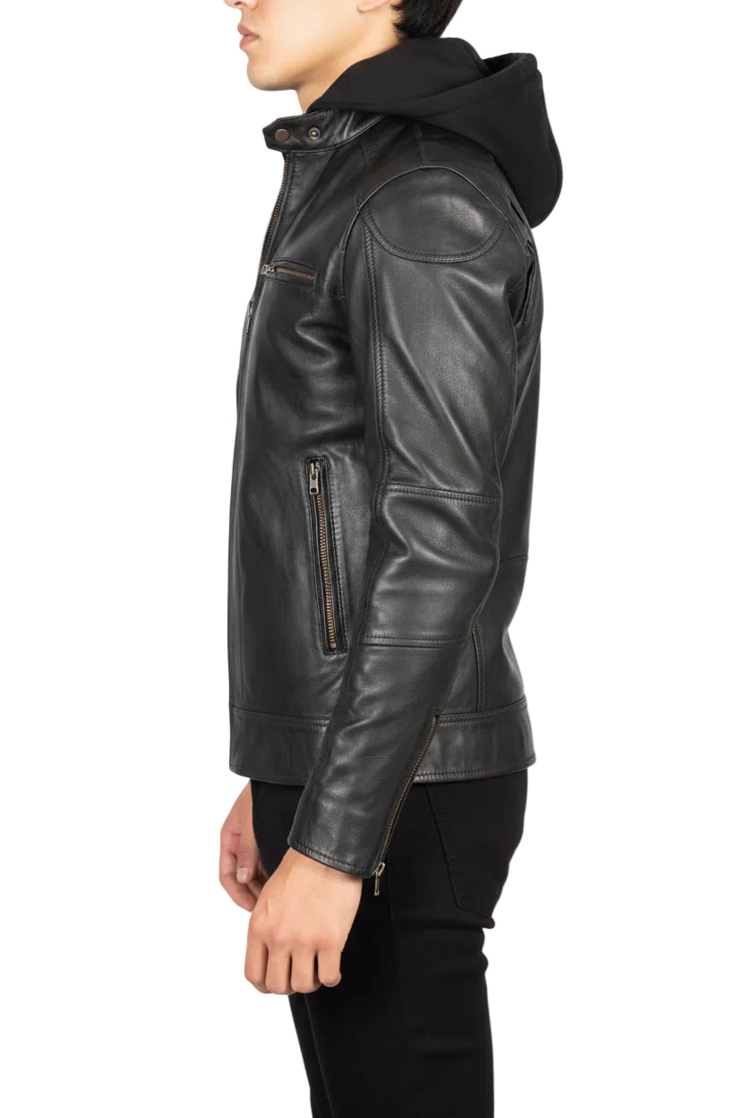 Urban Black Hooded Leather Biker Jacket