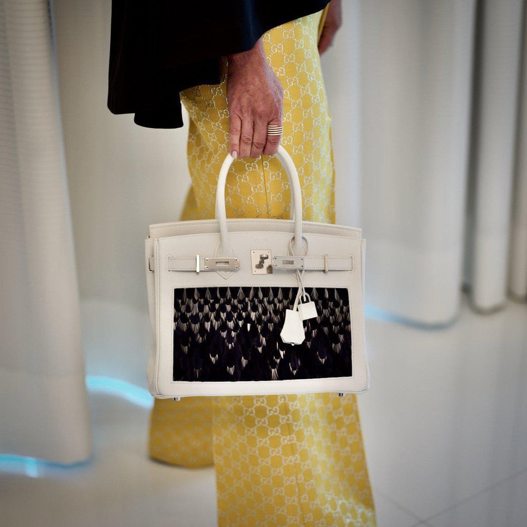 Vintage Hermes Birkin 30 White Epsom with Custom Feather Panel & Palladium Hardware