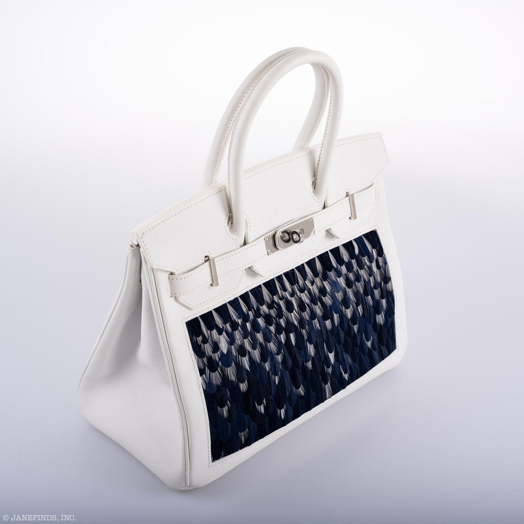 Vintage Hermes Birkin 30 White Epsom with Custom Feather Panel & Palladium Hardware