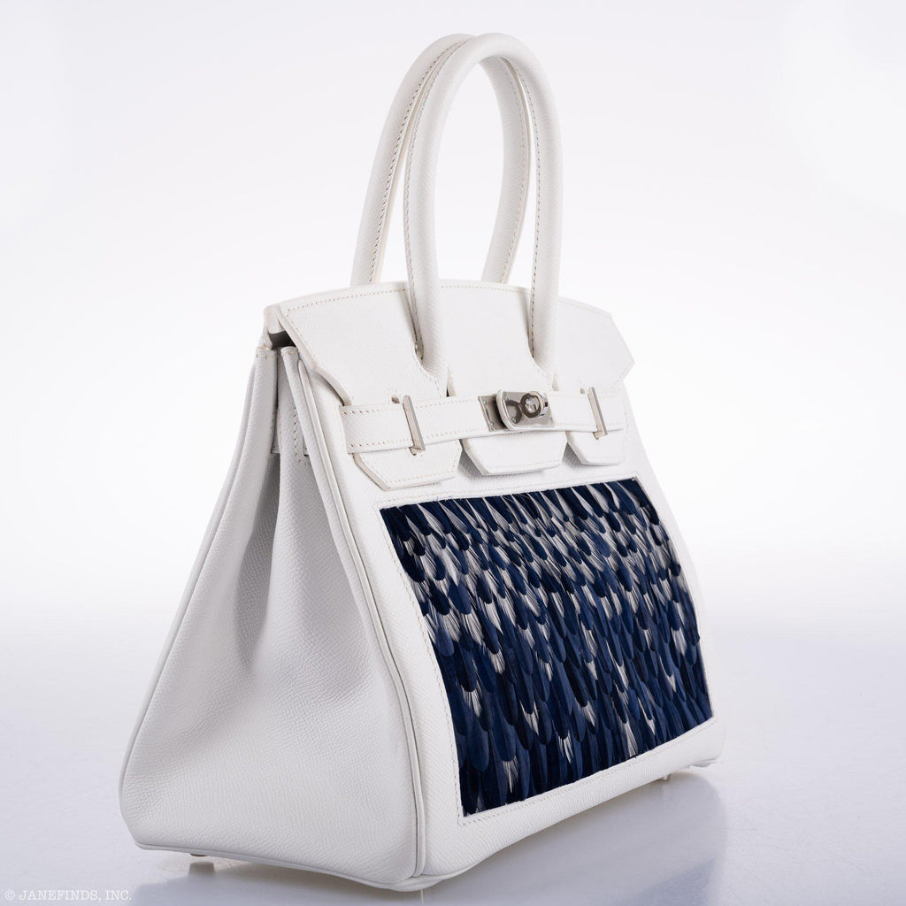 Vintage Hermes Birkin 30 White Epsom with Custom Feather Panel & Palladium Hardware