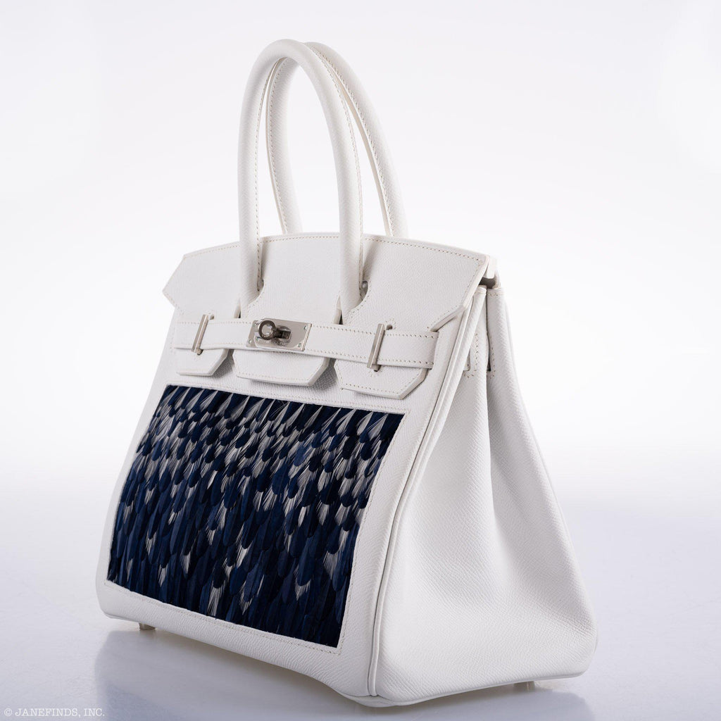 Vintage Hermes Birkin 30 White Epsom with Custom Feather Panel & Palladium Hardware