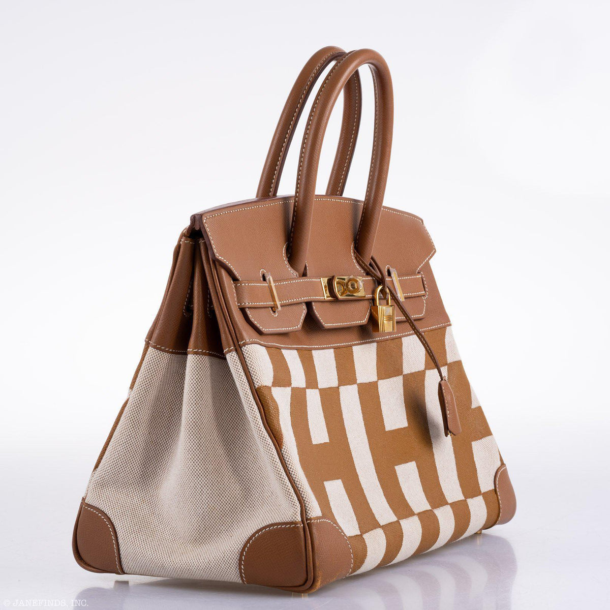 Vintage Hermes Birkin 35 Gold Courchevel with Painted Ulysses Toile Canvas & Gold Hardware
