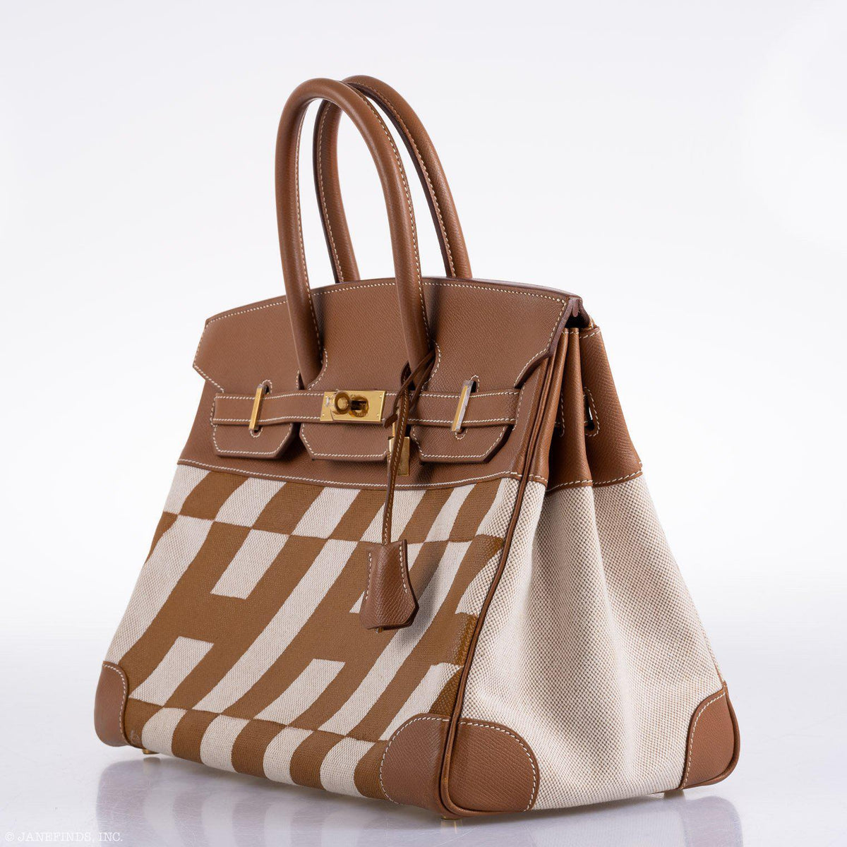 Vintage Hermes Birkin 35 Gold Courchevel with Painted Ulysses Toile Canvas & Gold Hardware
