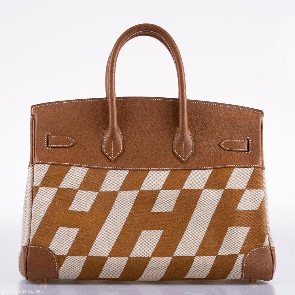 Vintage Hermes Birkin 35 Gold Courchevel with Painted Ulysses Toile Canvas & Gold Hardware